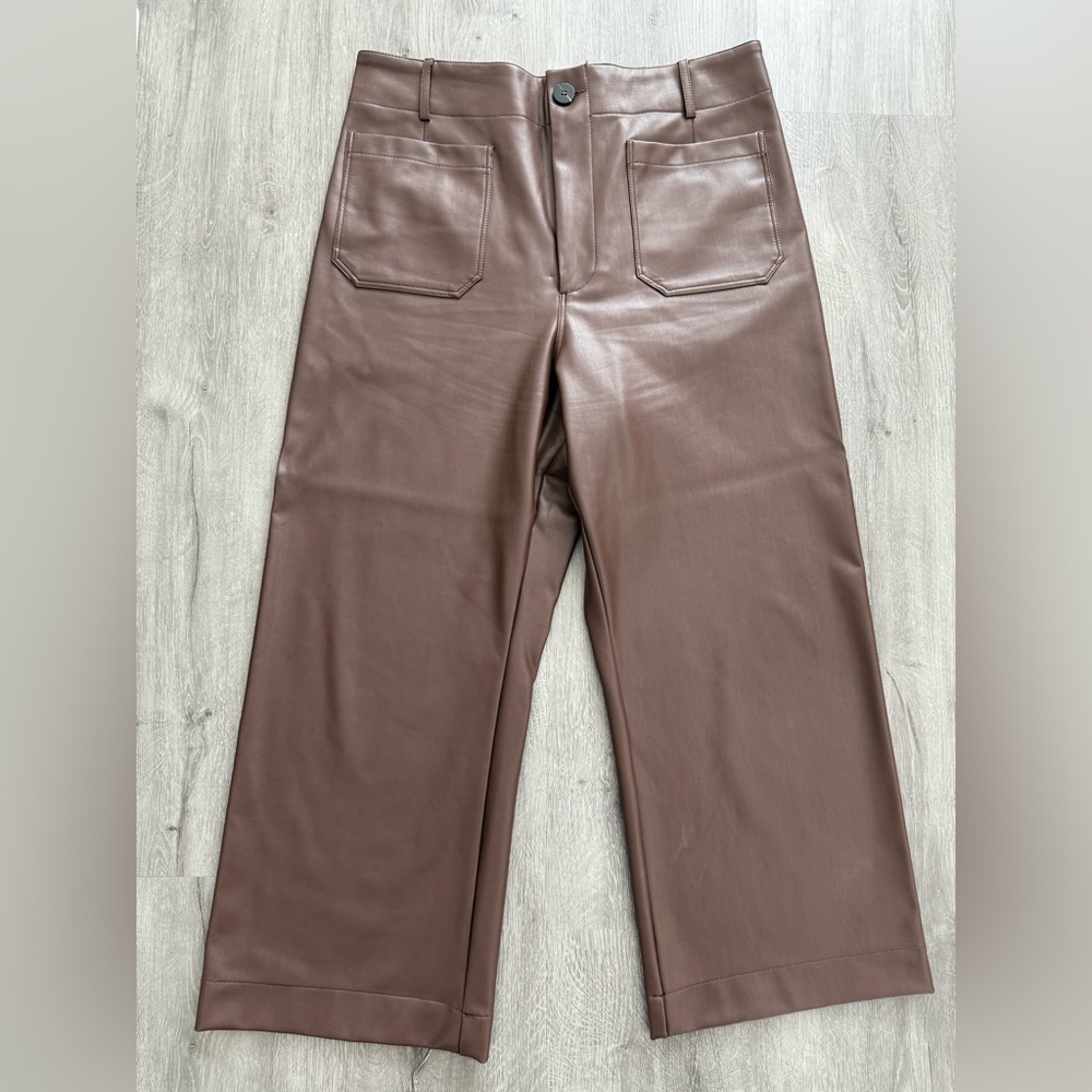 Colette Faux Leather Crop Wide-Leg Pants by Maeve in Brown, Size 33 (Anthro)
